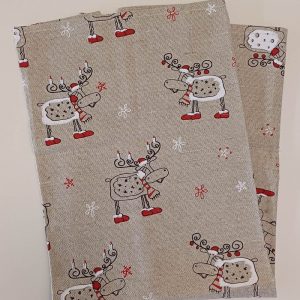 Torchon de Noël en lin, motif rennes.